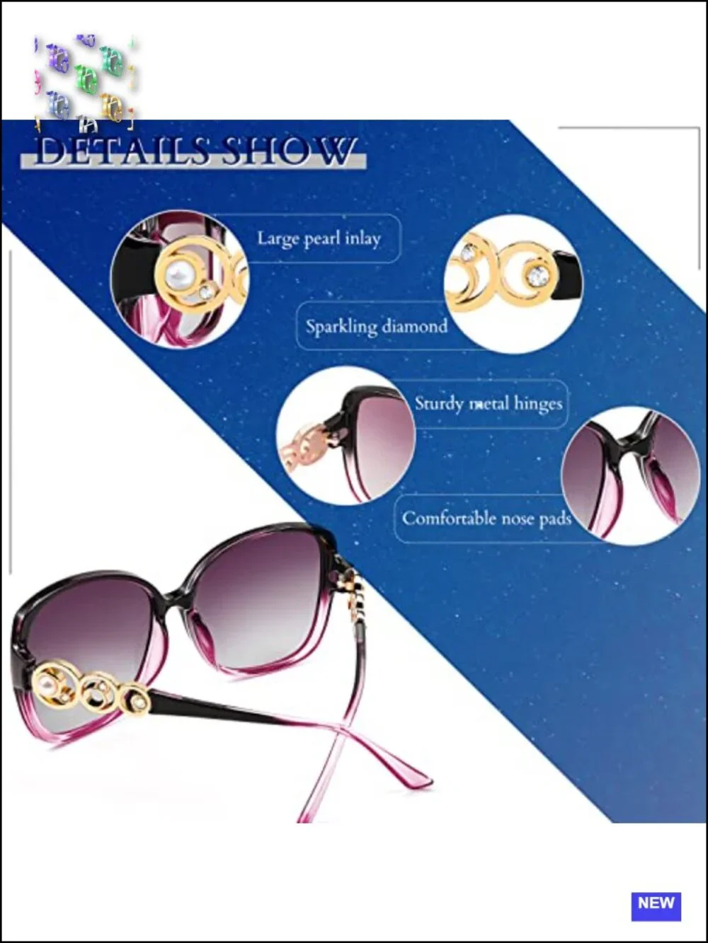 Oversized Square Sunglasses Polarized UV Protection Pearl Crystal Inlay